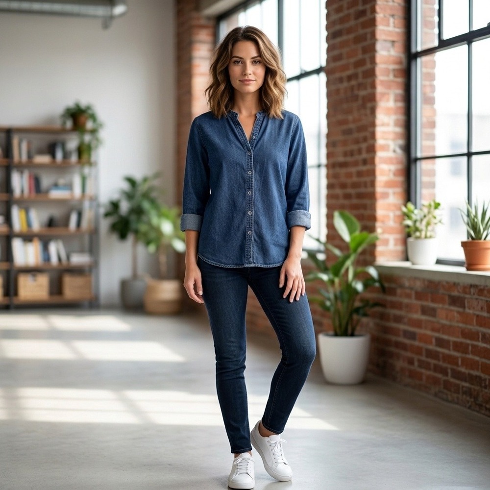 Lagenlook Western Vintage Hot Cotton Blue Denim Split Neck Snap Front Shirt M